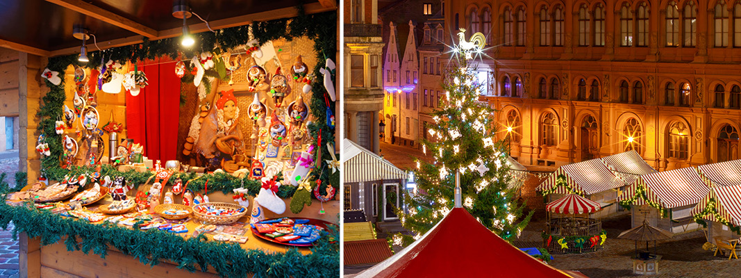 Vy från ovan över vackra Riga med takåsar, vatten och grönska. På julmarknadsresa till Riga.